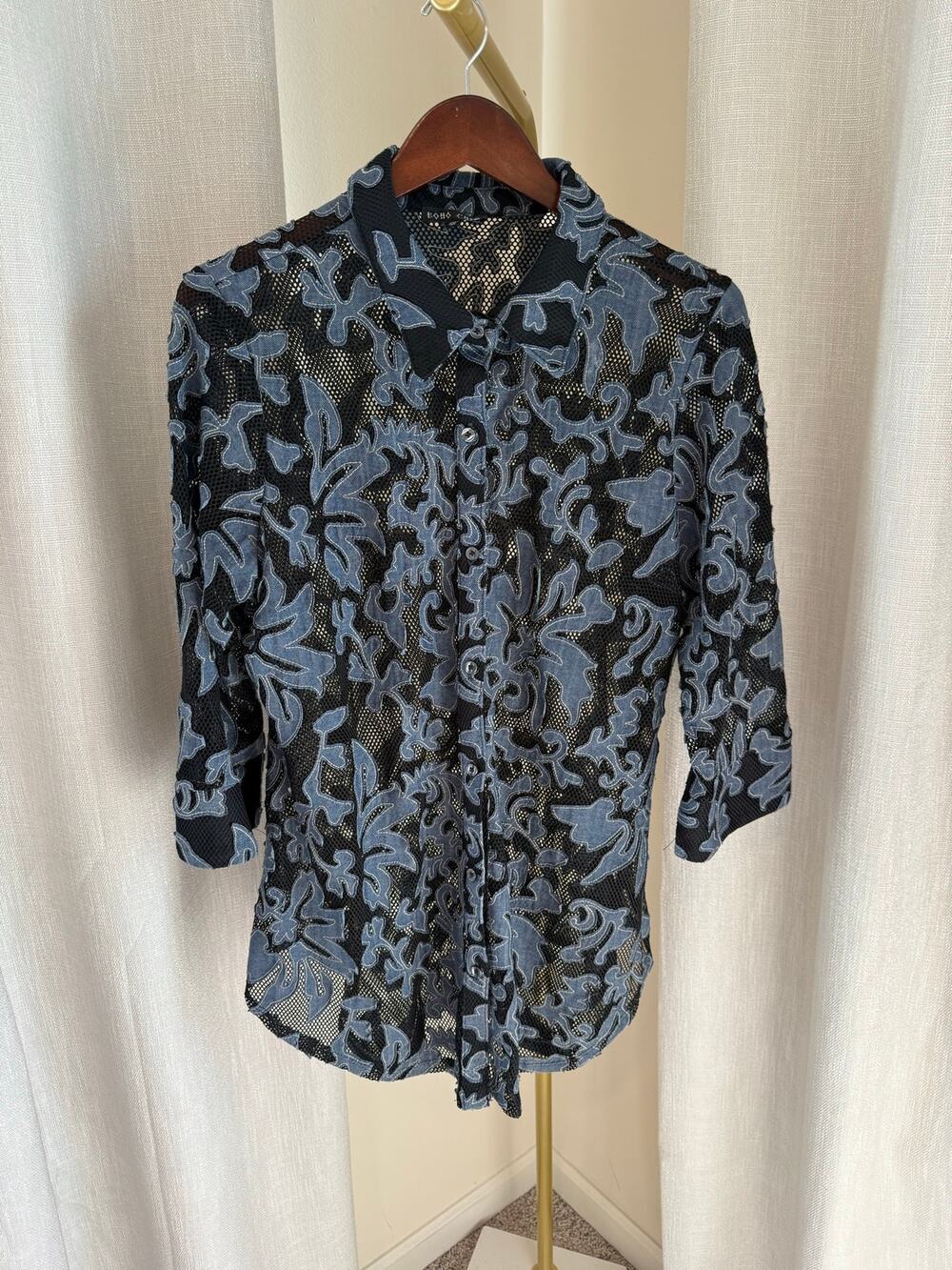 Boho Chic Button Down Blouse Top Women's Size XL Black/Blue Floral Long Sleeves